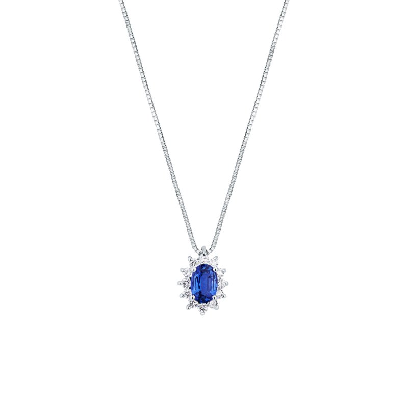 Girocollo con zaffiro blu e contorno di brillanti