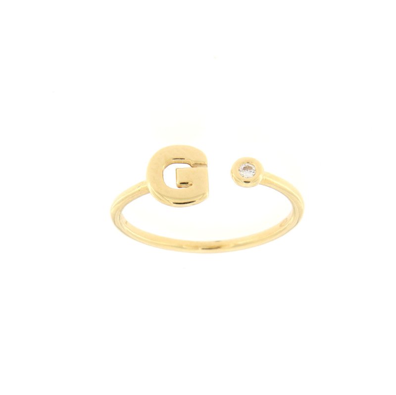 Anello lettera g in oro giallo e zircone