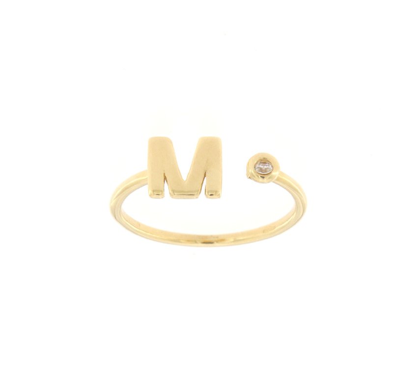 Anello lettera m in oro giallo e zircone