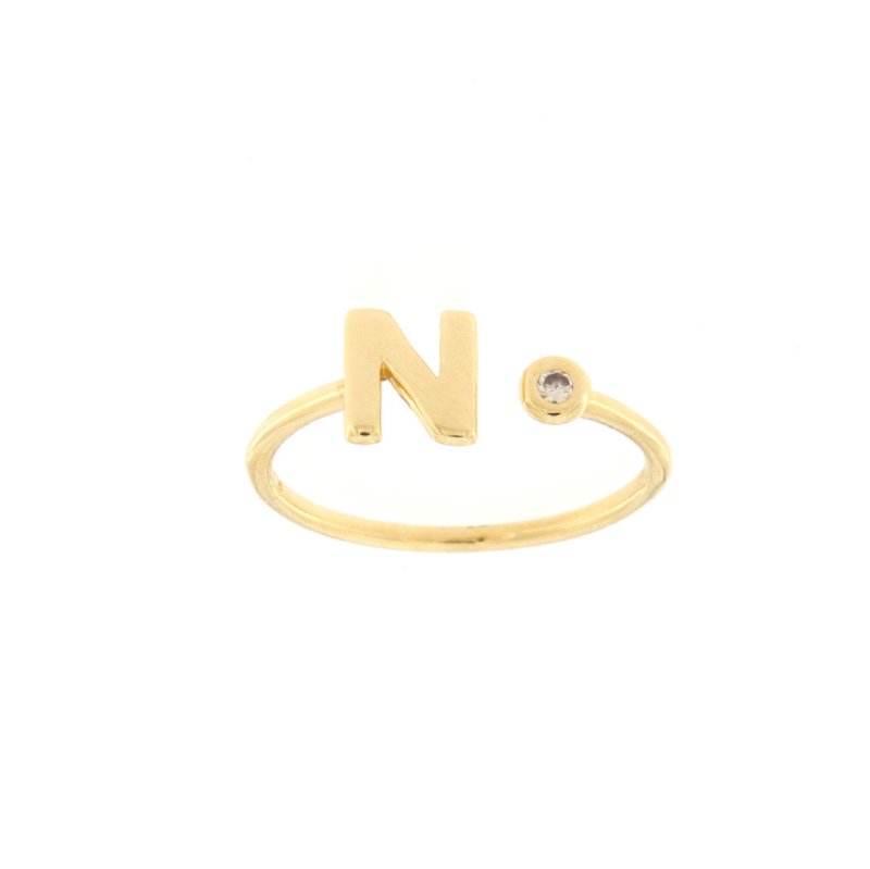Anello lettera n in oro giallo e zircone