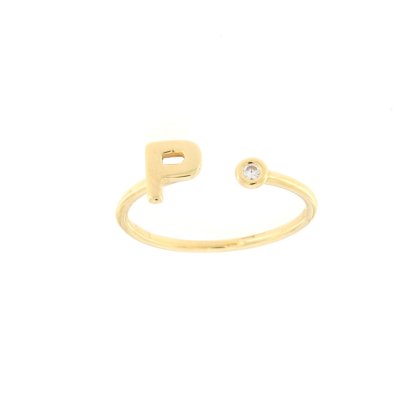 Anello lettera p in oro giallo e zircone