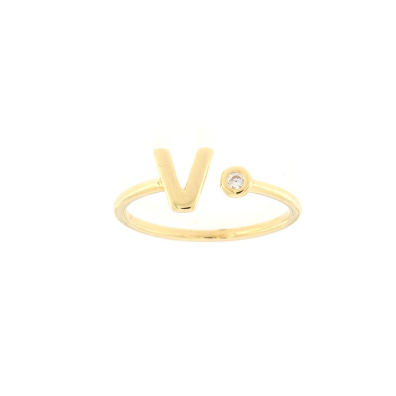 Anello lettera v in oro giallo e zircone