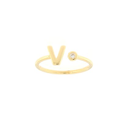 Anello lettera v in oro giallo e zircone