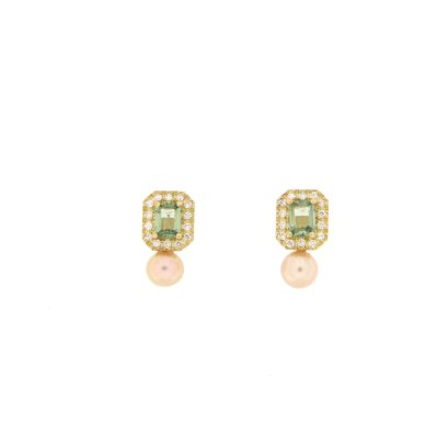 Orecchini in oro giallo con zaffiro verde, brillanti e perla rosa