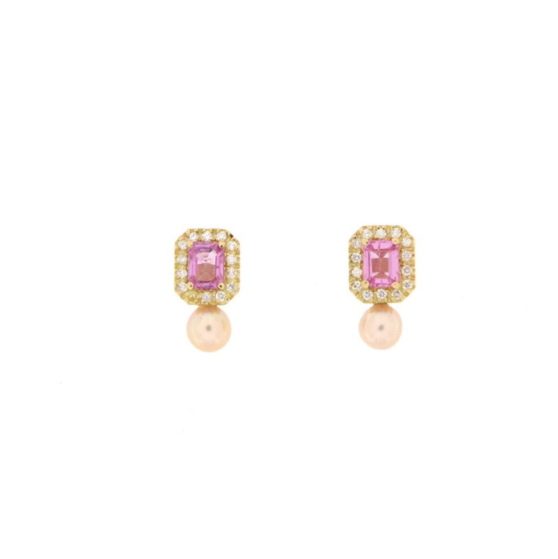 Orecchini in oro giallo con zaffiro rosa, brillanti e perla rosa