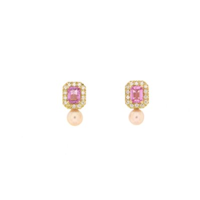 Orecchini in oro giallo con zaffiro rosa, brillanti e perla rosa