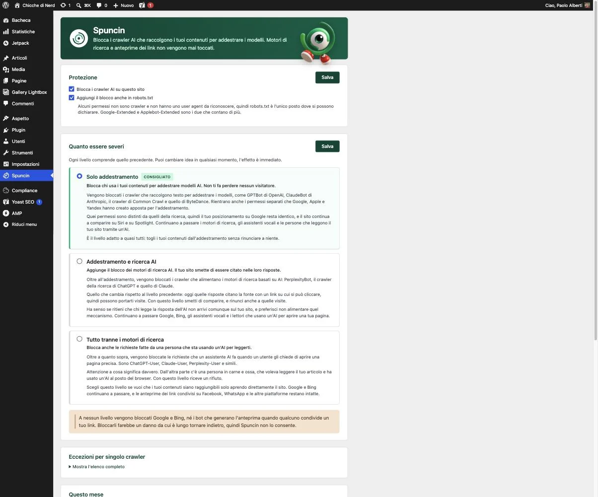 La pagina di configurazione di Spuncin con i tre livelli