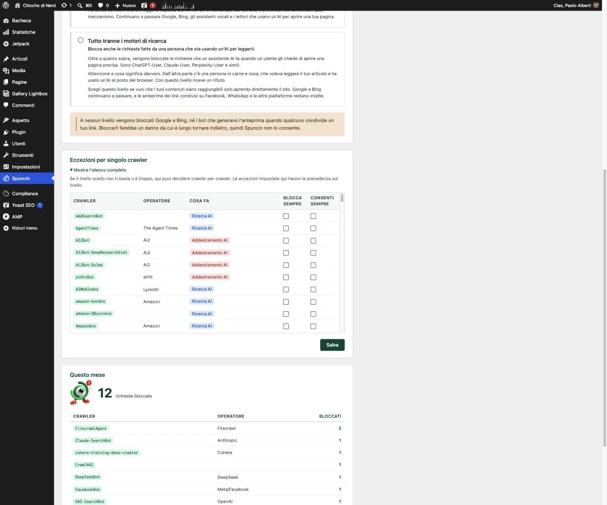 Elenco delle eccezioni per singolo crawler e report mensile